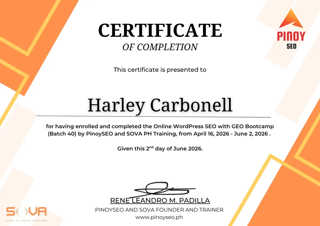 SEO Certificate of Harley Carbonell